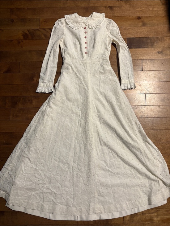 Vintage Dresses & Skirts - Vintage White Eyelet Maxi Dress with Red Floral Buttons and Ruffle Collar